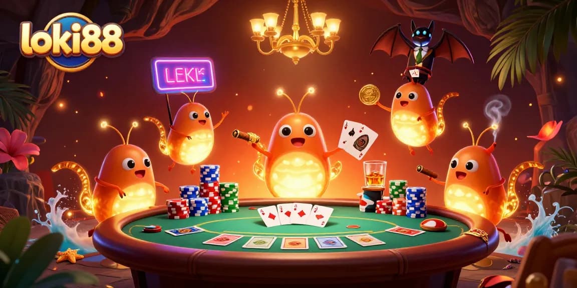 Experience loki88 with a vibrant 3D illustration of glowworms illuminating a casino atmosphere.