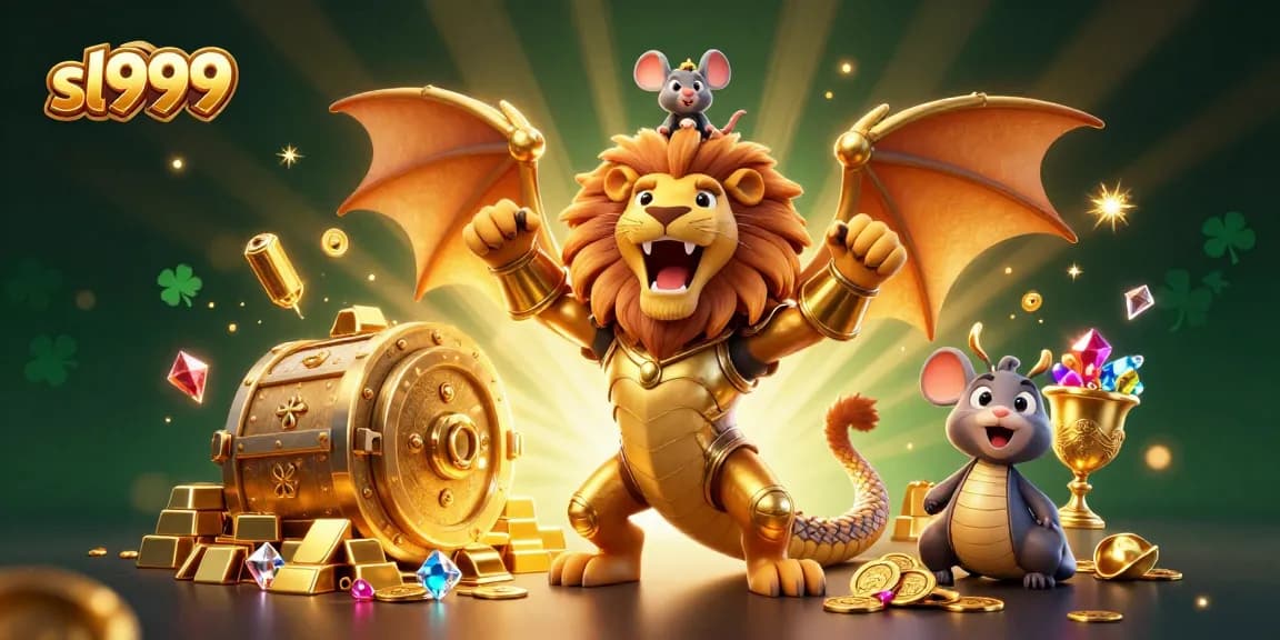 Engage with sl999 in a vibrant scene full of treasures, showcasing a golden chimera and lucky symbols in a dynamic casino atmosphere.