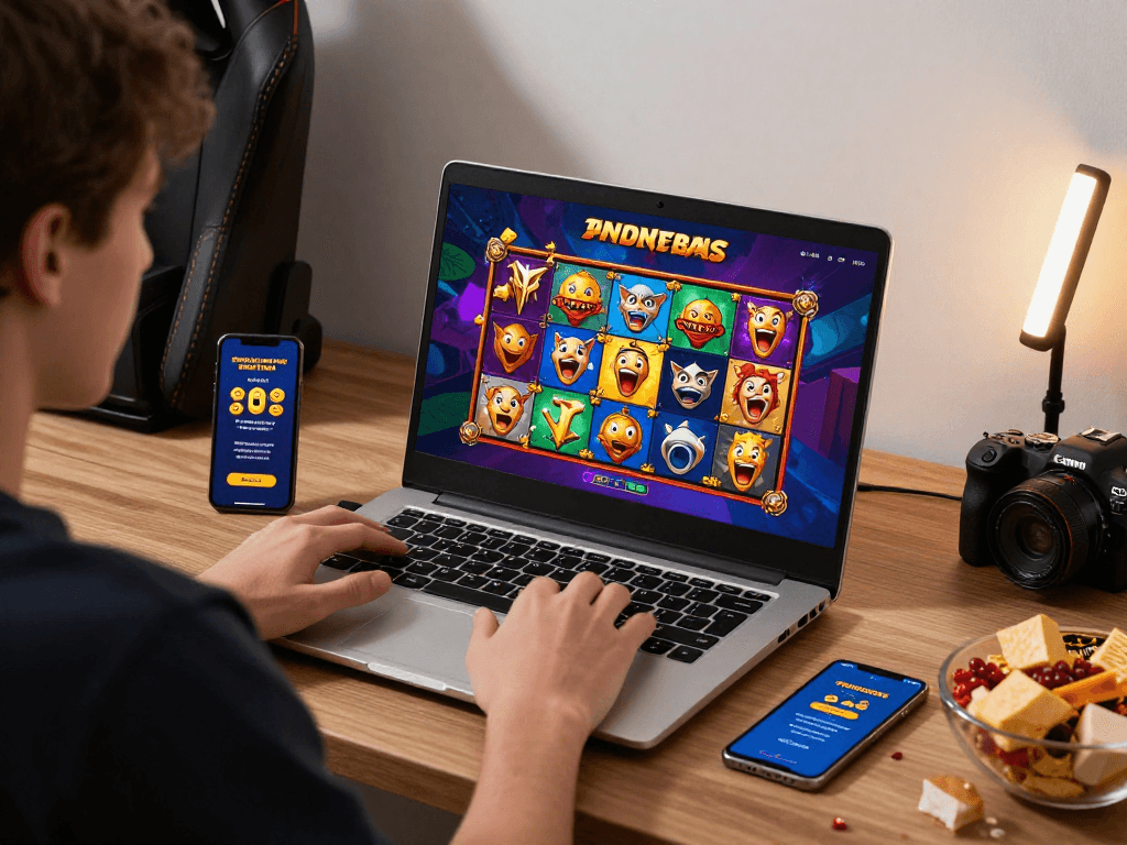 Player enjoying agen gacor slots on a laptop, vibrant game graphics visible.