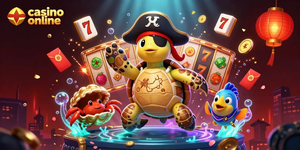 Giocare nel casino online con una tartaruga pirata e tesori affondati in un'illustrazione vivace.