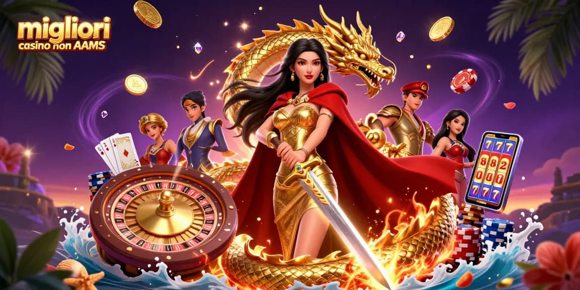 Migliori casino non AAMS che mostrano un’illustrazione vibrante in 3D con una regina guerriera in mezzo a elementi del casinò per i giocatori.