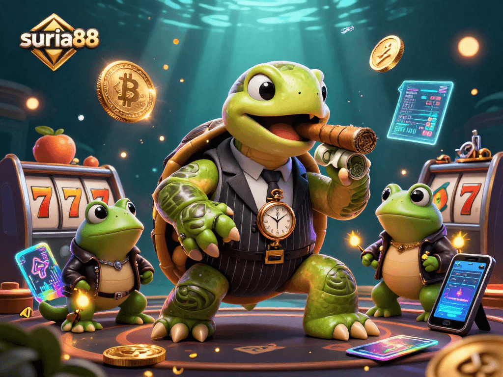 Play exciting games at suria88 with a vibrant 3D casino scene featuring a snapping turtle and bullfrog characters.