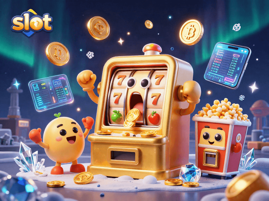 Experience thrilling slots with a golden slot machine hitting a jackpot among cheering baby slots.