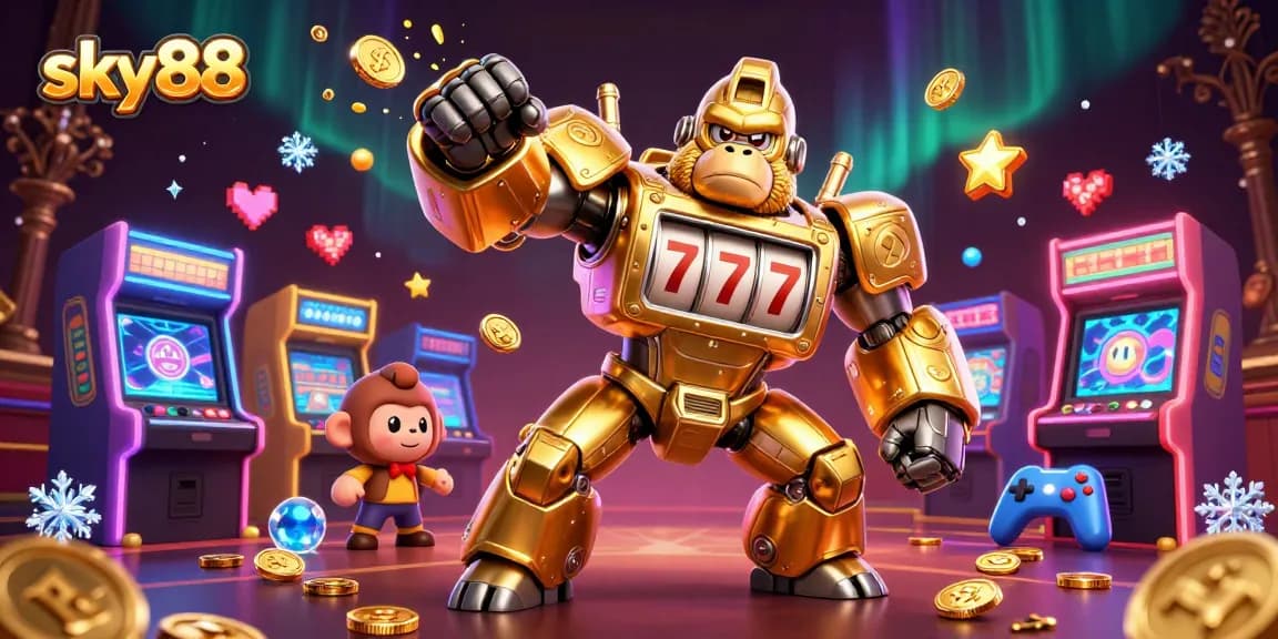 Sky88 unleashes a thrilling golden gorilla mech in a dynamic casino gaming scene.