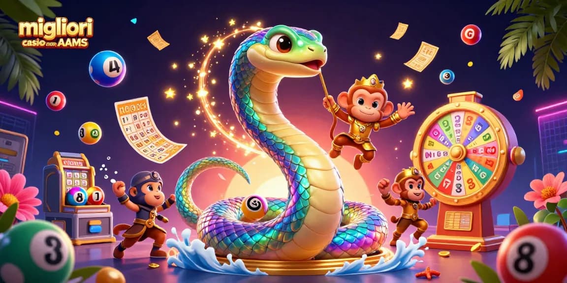 I migliori casino non AAMS presenta una scena vivace con un colorato serpente arcobaleno e il re scimmia tra elementi del casinò.