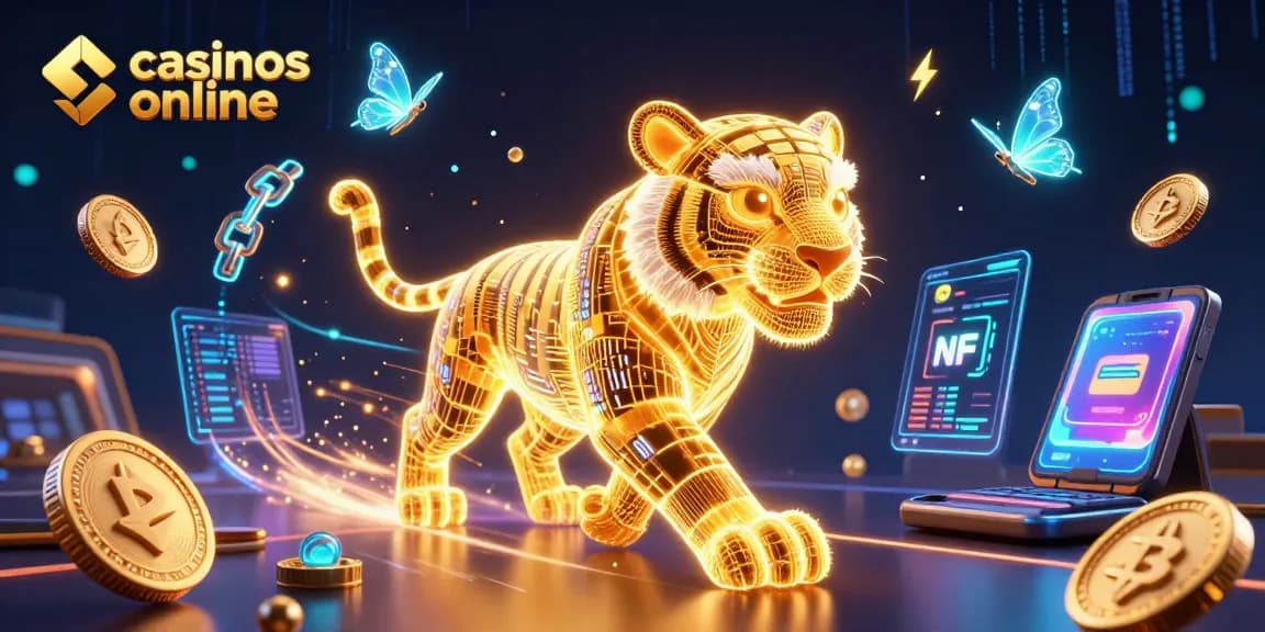 Disfruta de la emoción en casinos online con un tigre dorado y elementos holográficos innovadores.