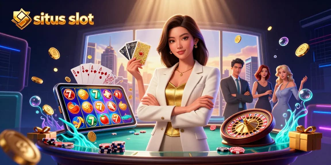 Engage with situs slot as a glamorous Asian businesswoman showcases winning strategies amidst vibrant casino elements.