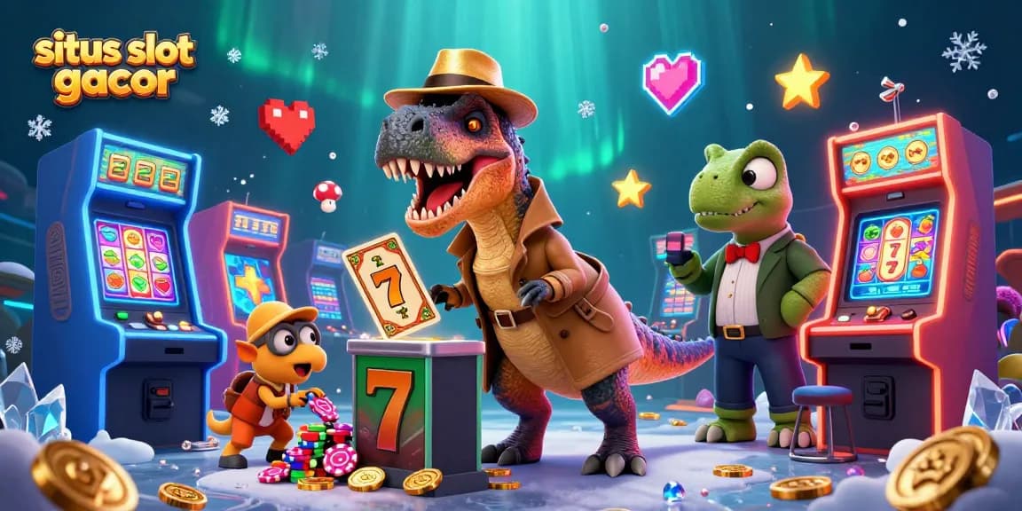 Situs slot gacor shines with a velociraptor at slot machine while a stegosaurus watches over in this vibrant 3D scene.