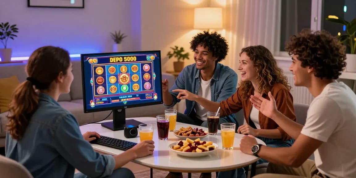 Friends enjoying slot depo 5000 games on a computer in a lively living room setting.