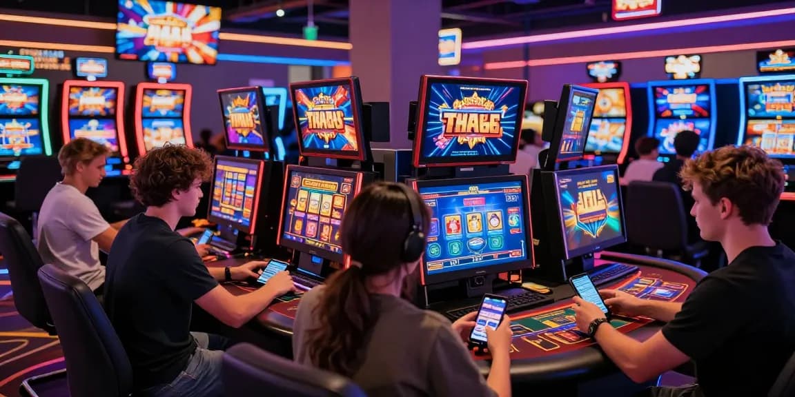 Exciting 鉅城娛樂 online gaming scene with players at vibrant slot machines and live dealer tables