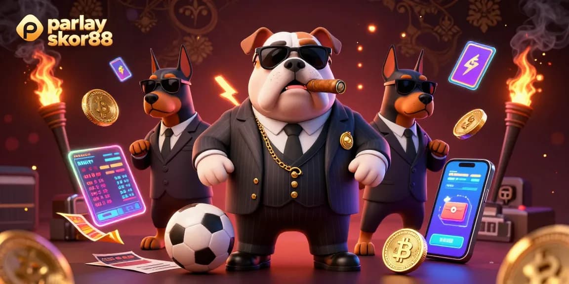 Bet on parlay skor88 to win big, featuring a 3D mafia bulldog and betting elements in action.