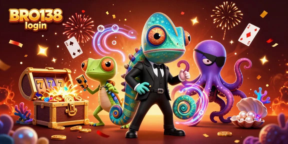 BRO138 login showcases a vibrant scene with a color-changing chameleon and golden gadget gecko amidst slot reels and treasures.