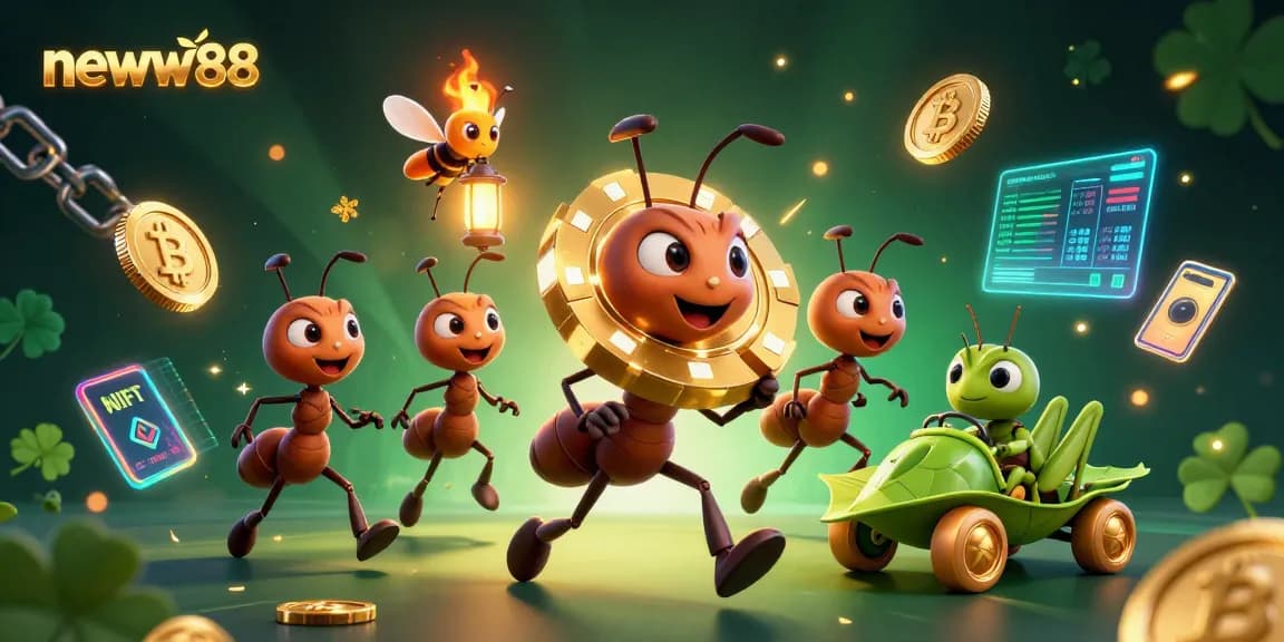 Action-packed scene of neww88 casino heist featuring ants and crypto elements.