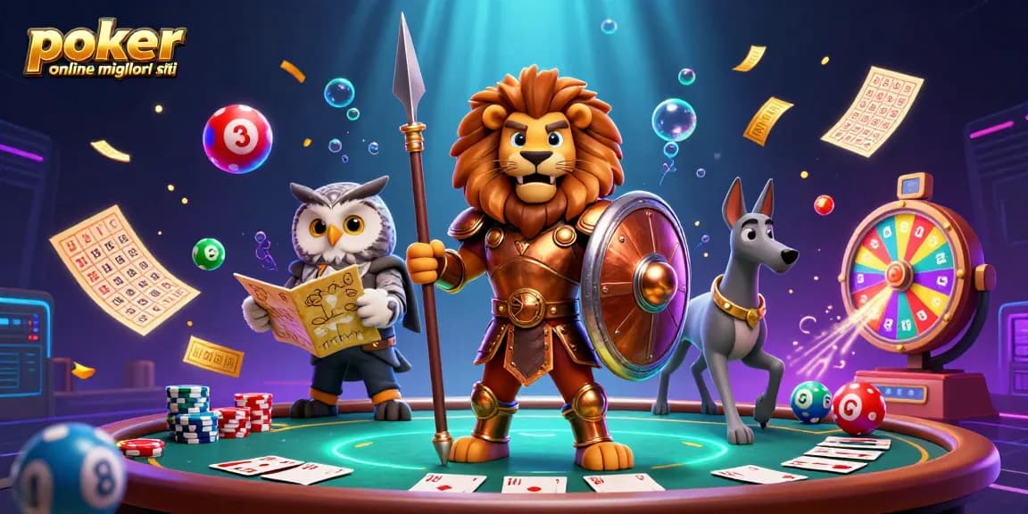 Gioca a poker online migliori siti con tavoli di gioco, carte e fiches fluttuanti.