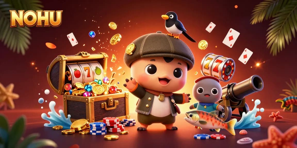 Engage with NOHU's vibrant casino world featuring playful characters and slot elements.