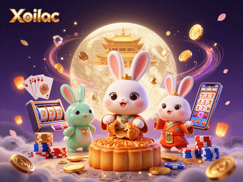 Xoilac's enchanting moon rabbit showcases thrilling slot spins amidst sparkling treasures.