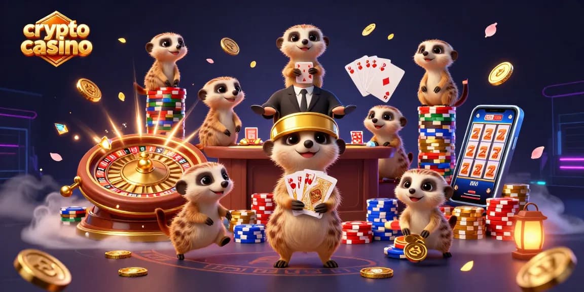 Gioca al crypto casino con un interessante gruppo di suricati in un'illustrazione 3D dinamica.