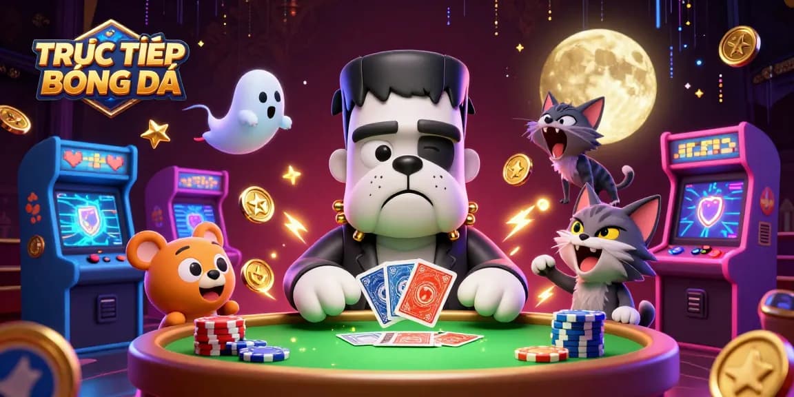 Experience TRỰC TIẾP BÓNG ĐÁ excitement with a lively, colorful casino scene filled with animated elements.