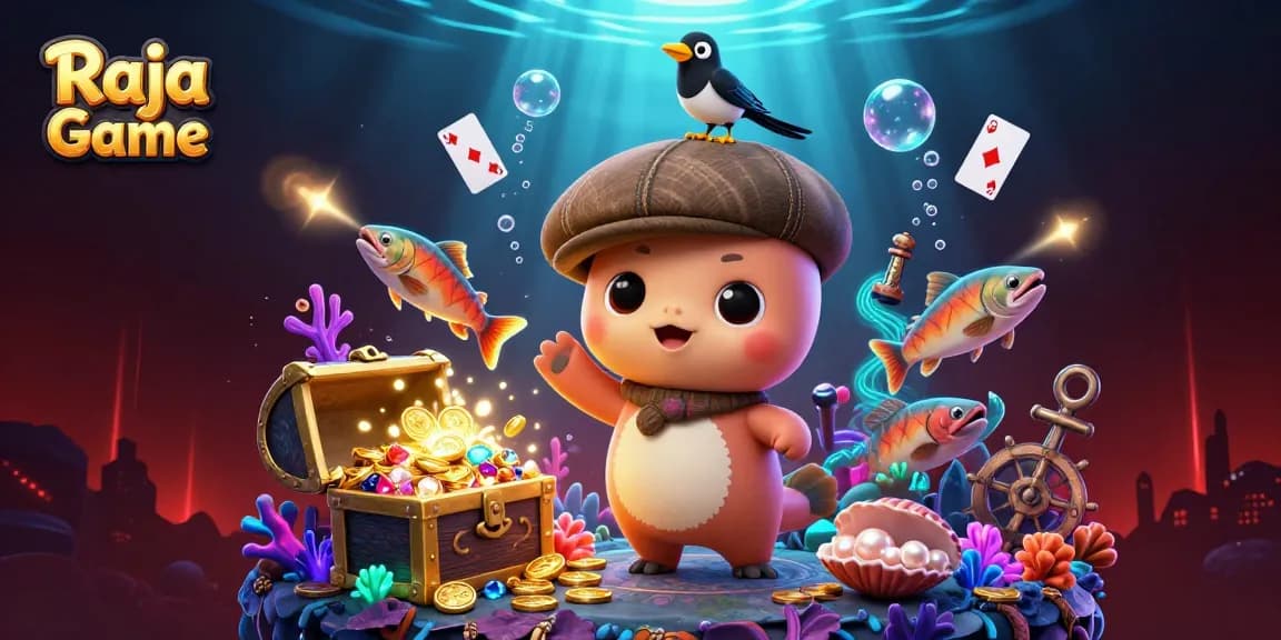 Raja Game features exciting color prediction with playful characters amidst treasure and casino elements.