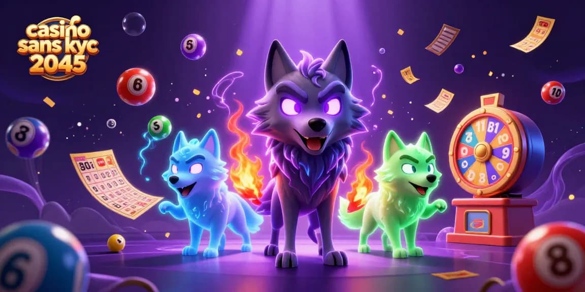 Illustration dynamique de casino sans kyc 2045 avec des formes spectrales et des éléments de jeu.