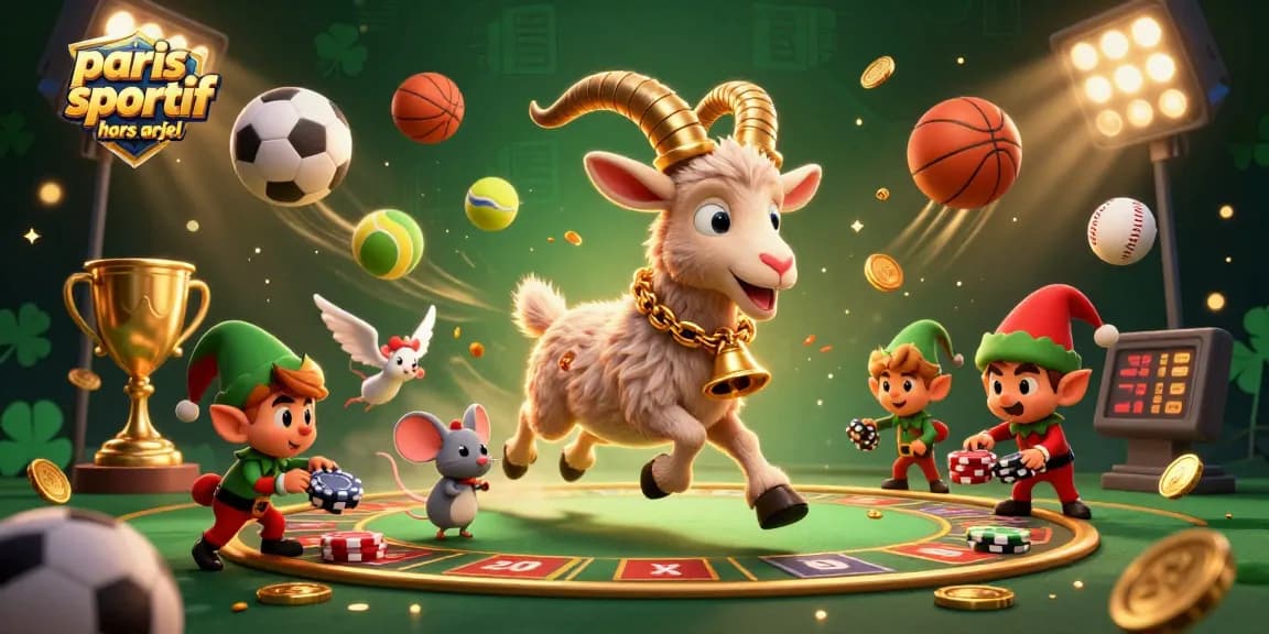Expérimentez les paris sportifs hors ARJEL dans une scène de casino animée avec des personnages festifs et des ballons de sport.