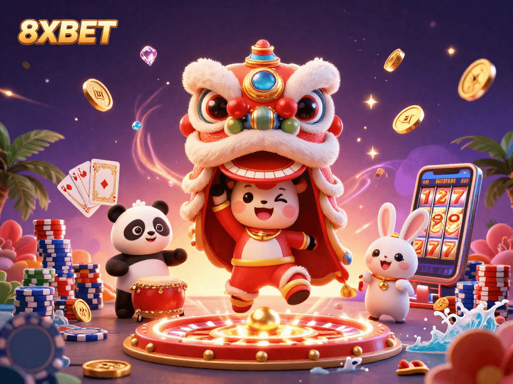 Experience the excitement of 8XBET with a vibrant casino scene featuring dynamic characters and game elements.