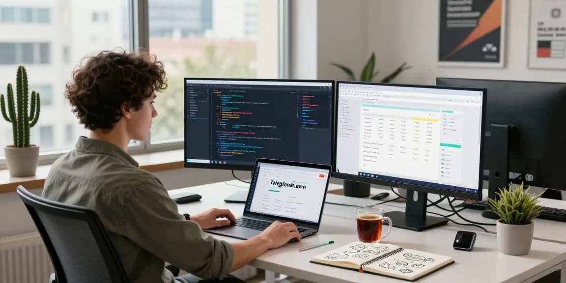 Engaged programmer at modern tech workspace with telegraimin.com displayed on screens