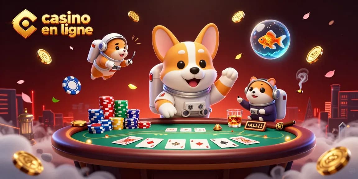 Profitez d'une expérience de casino en ligne avec un corgi astronaute flottant et des jetons de poker dans un espace casino.