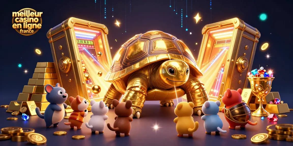 Plongement dans l'univers du meilleur casino en ligne en France avec une tortue en or joyeuse.