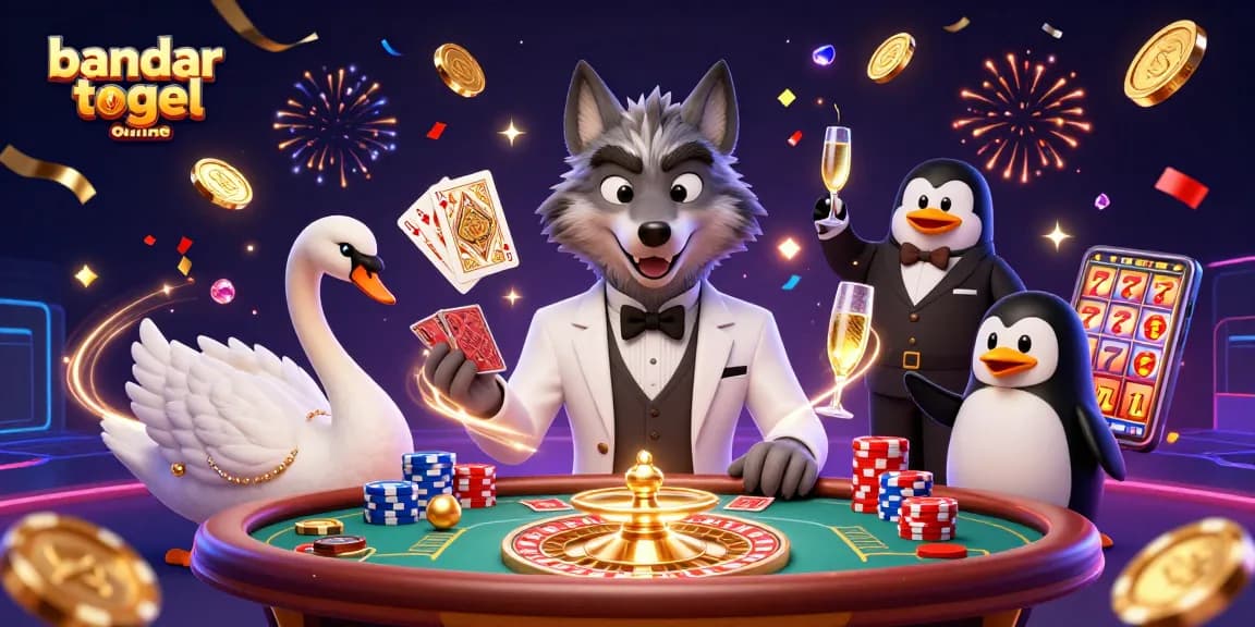 Engage in bandar togel online excitement with a lively 3D scene featuring iconic gambling characters.