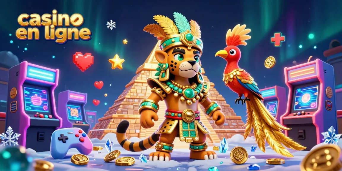 Jouez au casino en ligne avec des personnages colorés et des machines à sous en arrière-plan.