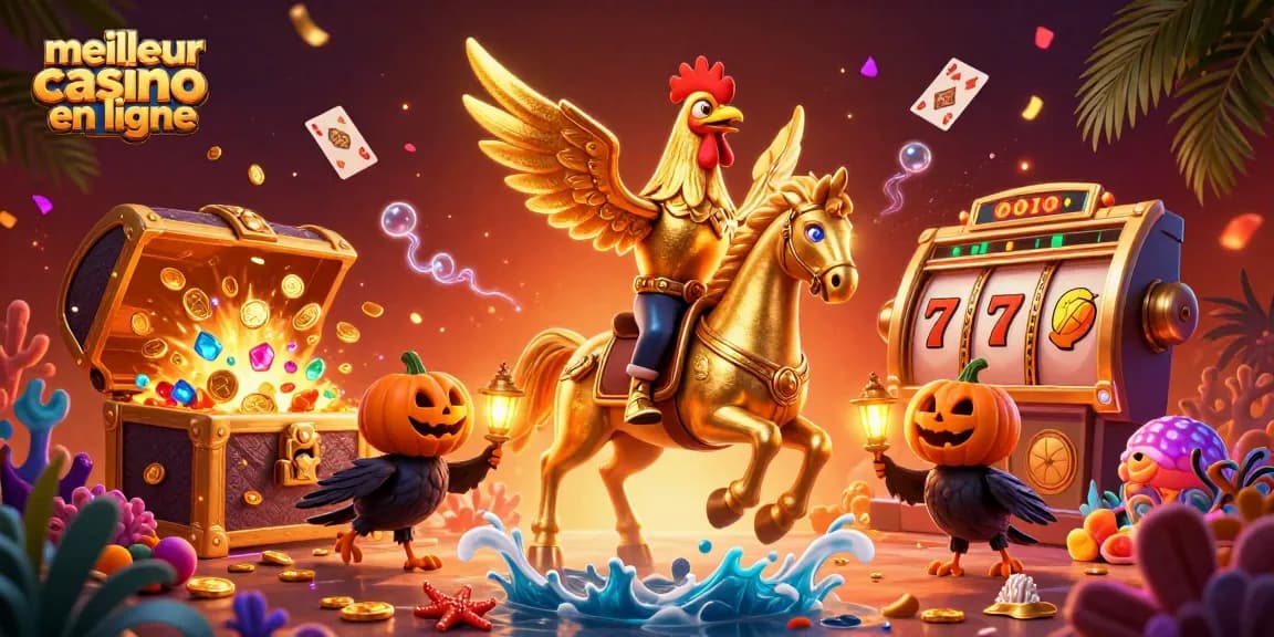 Célébrez le meilleur casino en ligne avec une scène dynamique comprenant un coq doré et des jeux captivants.