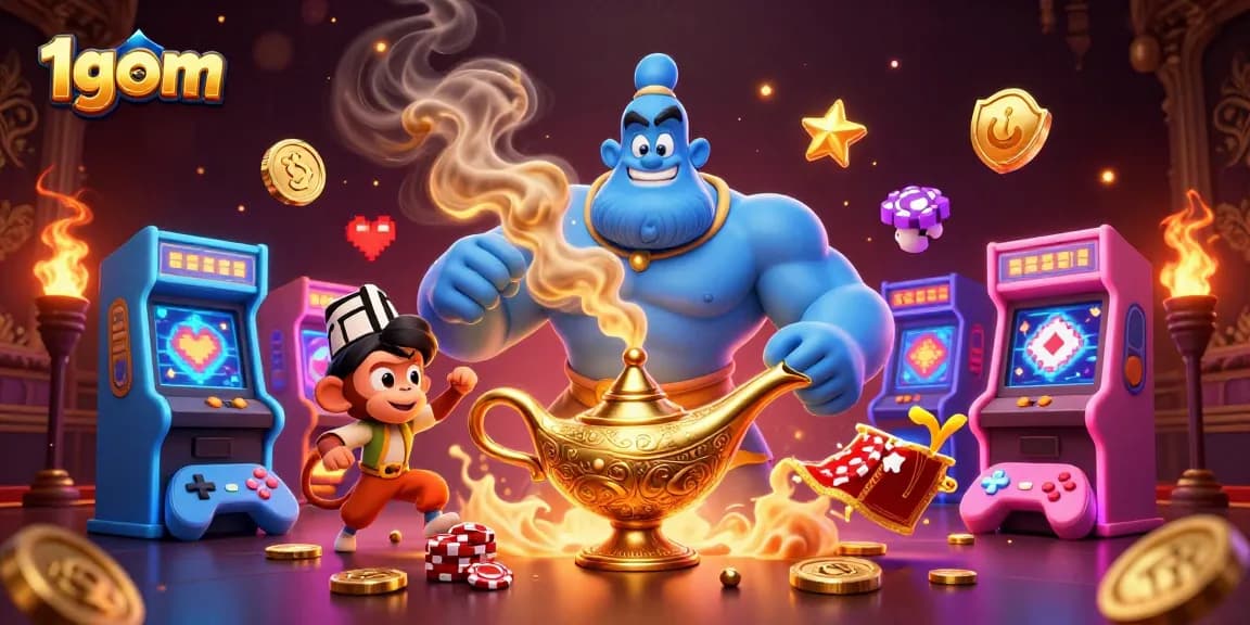 Experience exhilarating gambling action with 1gom's dynamic scene featuring a genie, monkey, and poker chips.