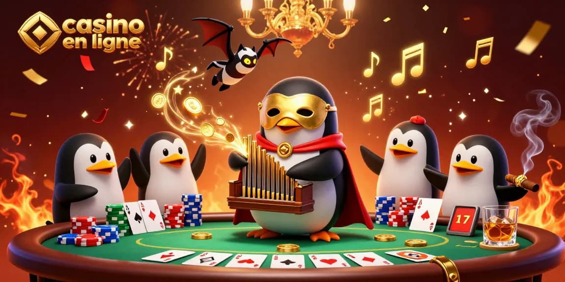 Jouez à casino en ligne avec une illustration dynamique d'un manchot fantôme, des jetons et des cartes de poker.