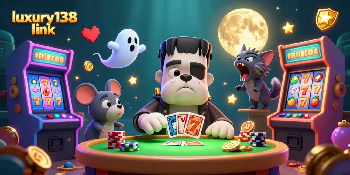 Engage with the luxury138 link as you play at a vibrant, spooky casino scene filled with character and excitement.