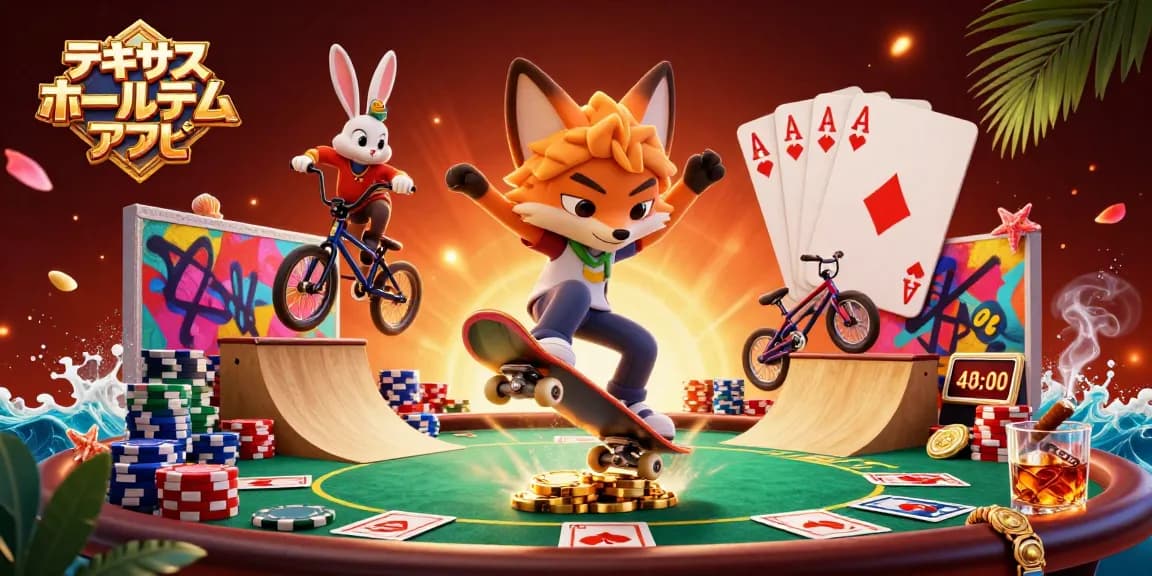 テキサスホールデム アプリで遊ぶ様子を描いた3Dイラスト、スケートボードを使うキツネとラビットが登場