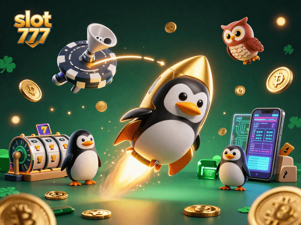 Spin to win at slot 777 with golden coins, jackpots, and crypto rewards in this captivating illustration.