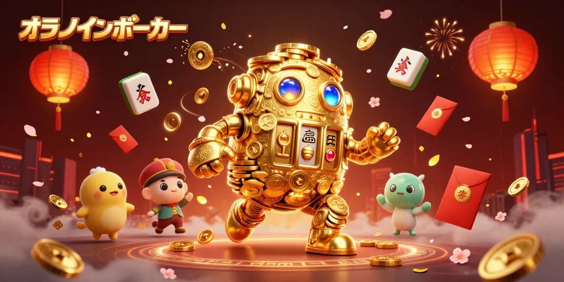 オンラインポーカーのための金色のゴーレムと多彩なギャンブル要素が描かれたイラスト