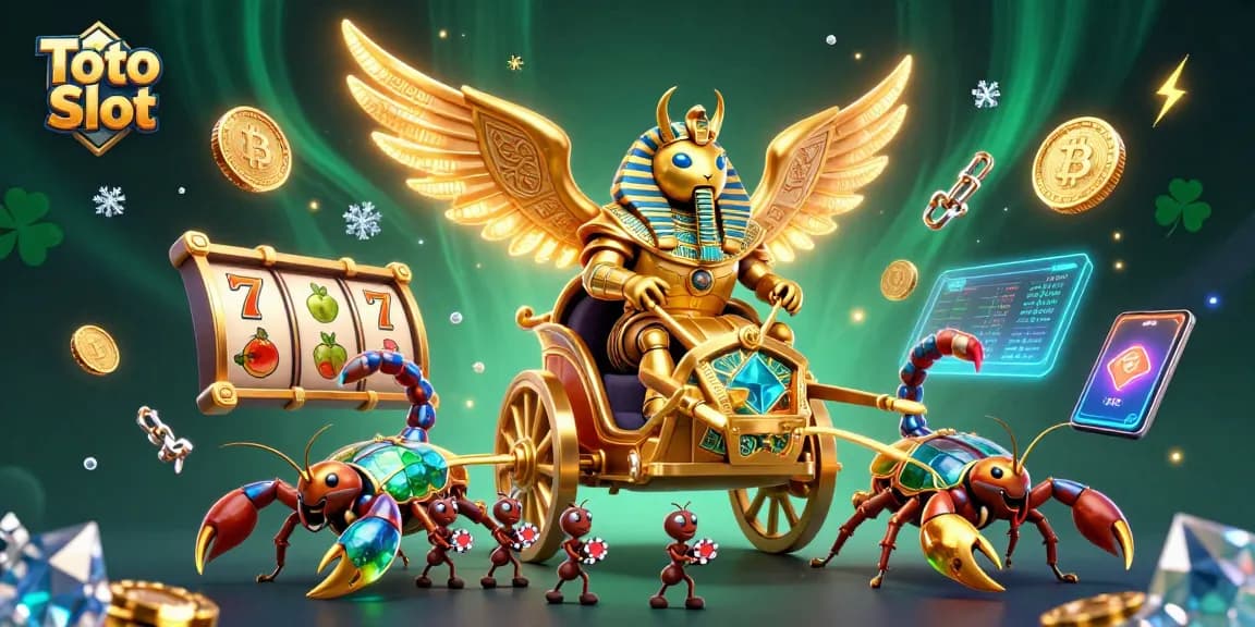 Toto Slot membawa imajinasi dengan ilustrasi 3D kartun luar biasa tentang scarab emas, roda slot, dan efek kripto.