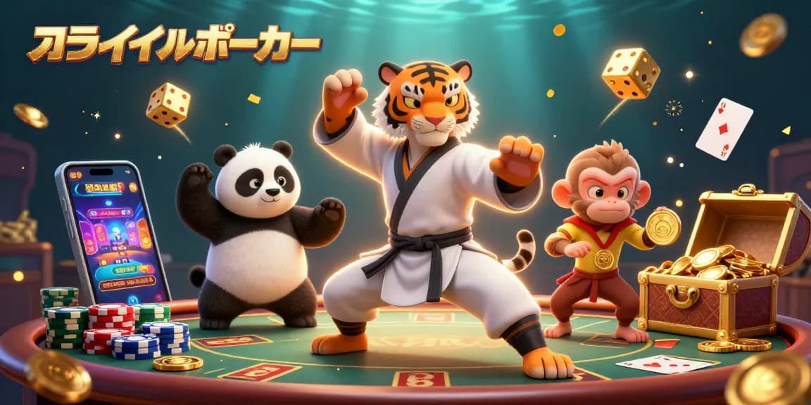オンラインポーカーで魅力的なポーカーテーブルにいるキャラクターたちが金メダルを巡り競い合い、煌めくコインとカラフルなゲーム要素で満たされたシーン