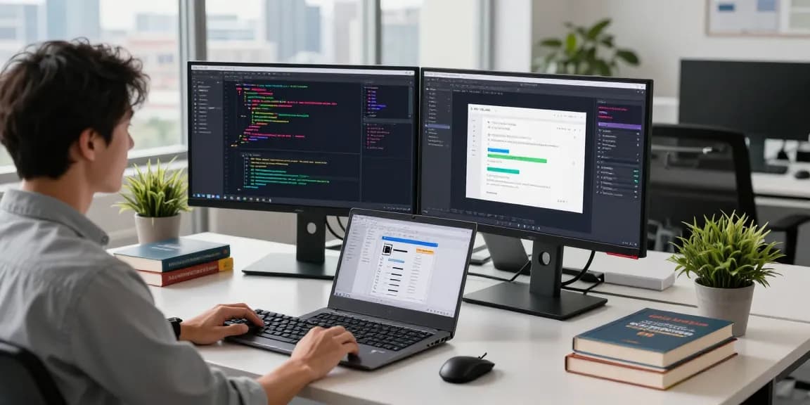 Developer workspace illustrating coding and design processes on telegramin-cn.com with an urban office backdrop and tech tools.