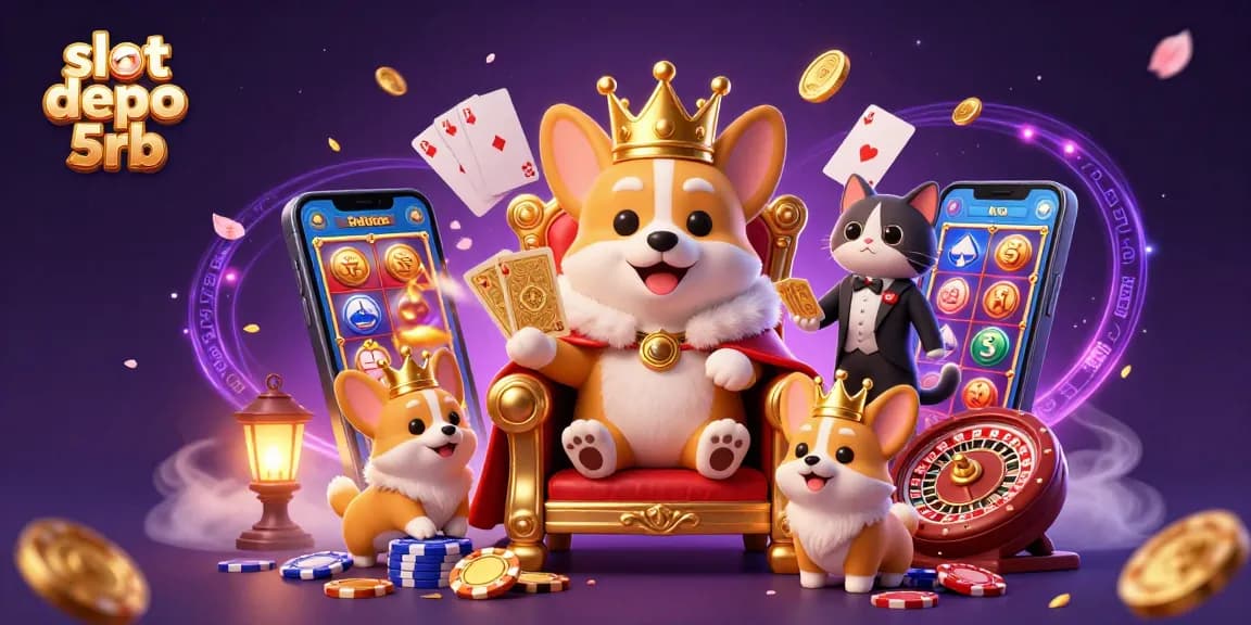 Spin slot depo 5rb reels as royal corgi reigns over a vibrant casino realm filled with jewels.