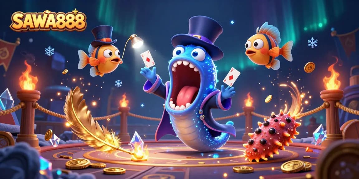 SAWA888 features a bioluminescent eel performing card tricks, amid gold coins and vibrant particles.