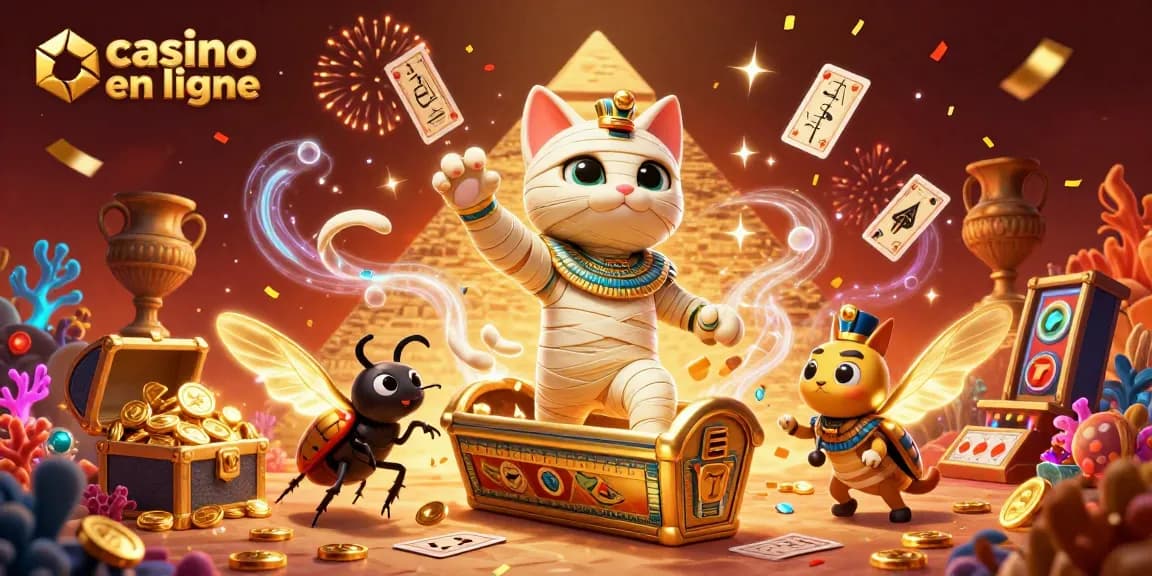 Illustration animée représentant un casino en ligne, avec une momie égyptienne sortant d'un sarcophage et des cartes flottantes.