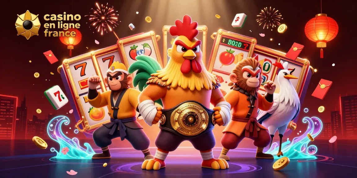 Plongez dans le casino en ligne France avec des personnages 3D vibrants parmi les rouleaux de machines à sous et des éléments festifs.