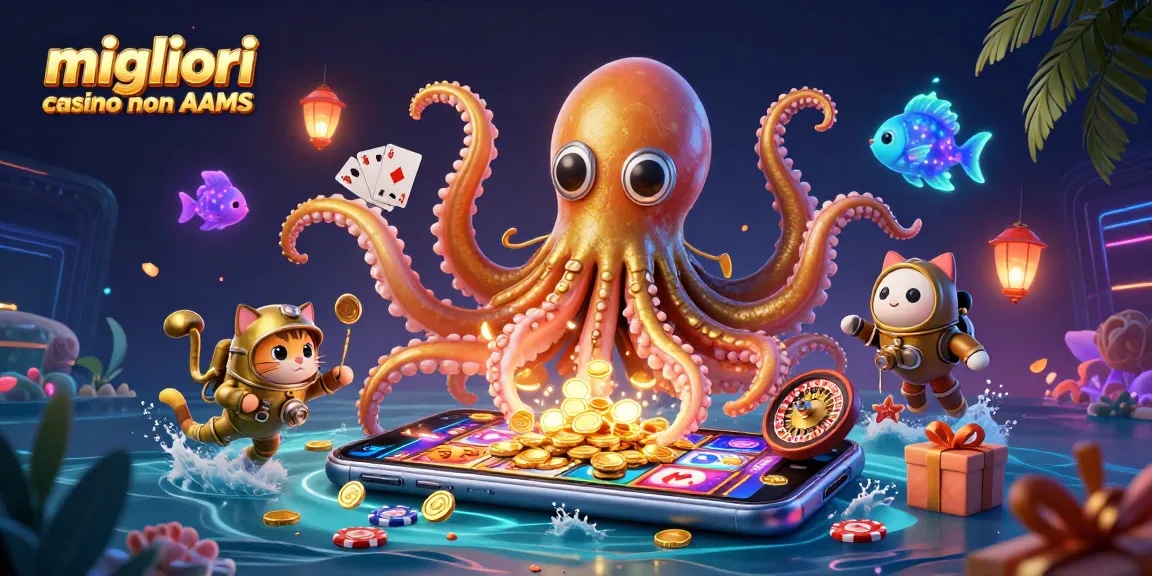 Scena illustrata dei migliori casino non AAMS con un kraken, un gatto subacqueo e pesci delle profondità marine tra elementi di gioco dinamici.