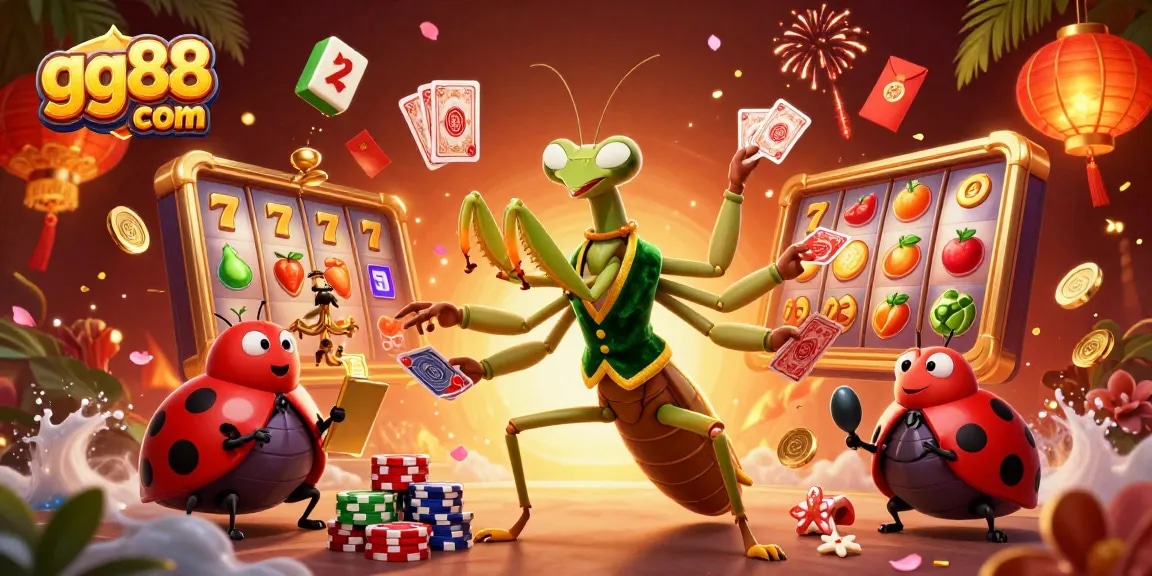 Engage with gg88 com in a vibrant 3D casino scene featuring a cartoon mantis dealer and ladybug pit boss.