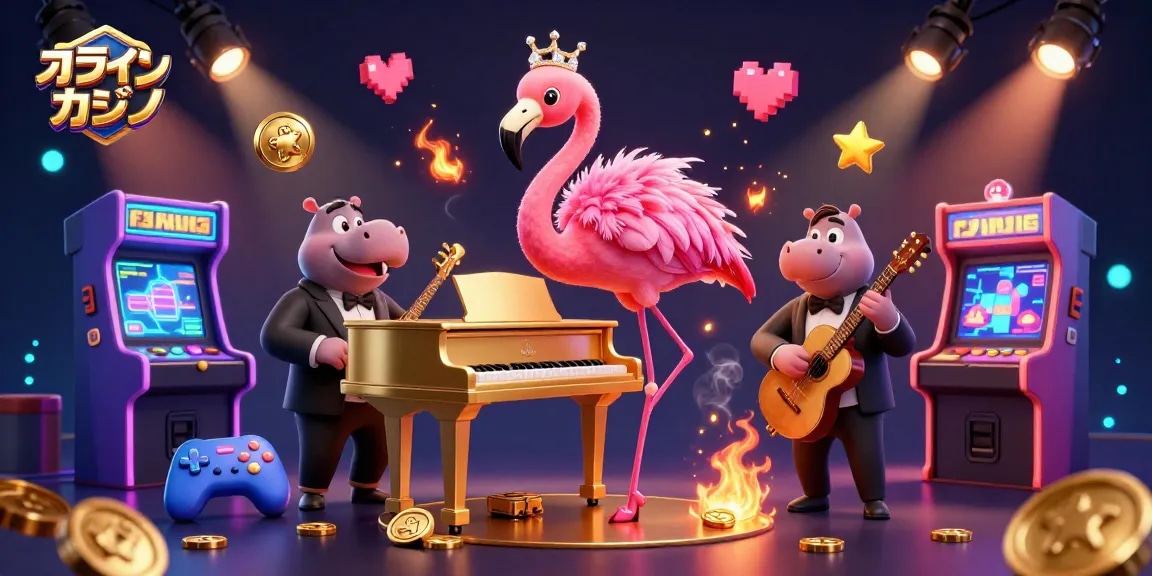 オンラインカジノで豪華なエンターテインメントを楽しむキャラクターたちのシーン。