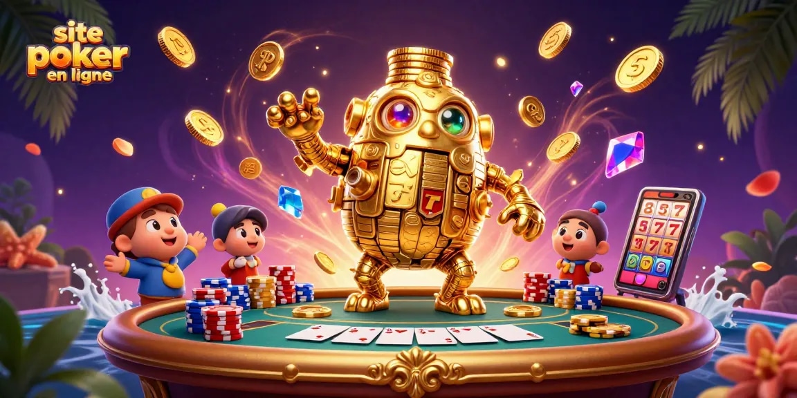 Jouer au site poker en ligne avec un golem d'or et des jetons colorés en action.
