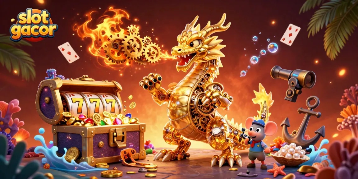 Experience the thrill of slot gacor with our dynamic 3D cartoon illustration featuring a golden dragon and vibrant casino elements.